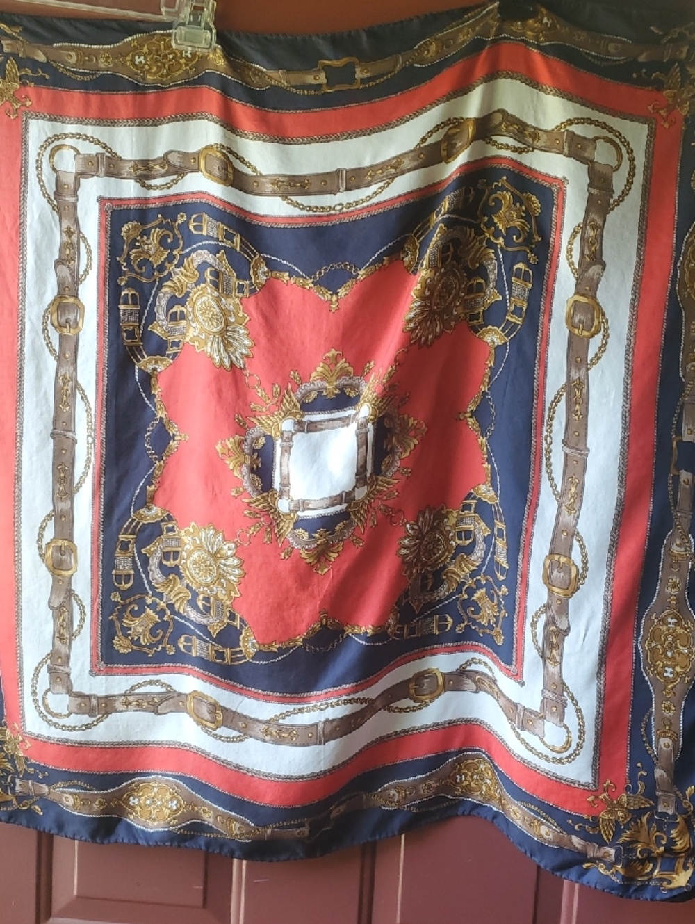 Decorative Equestrian Red and Navy Baroque Silk-Feel Scarf - Picture 3 of 7